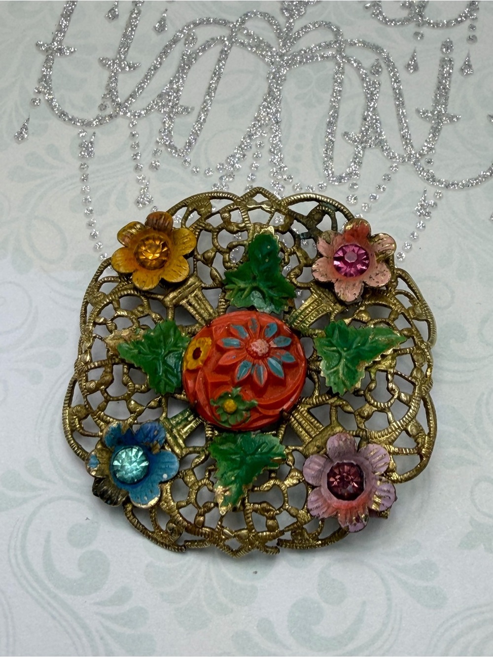 Vintage Floral Filigree Multicolor Brooch #cz96